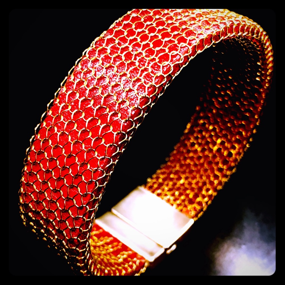 Gold caged and genuine red leather bracelet cuff